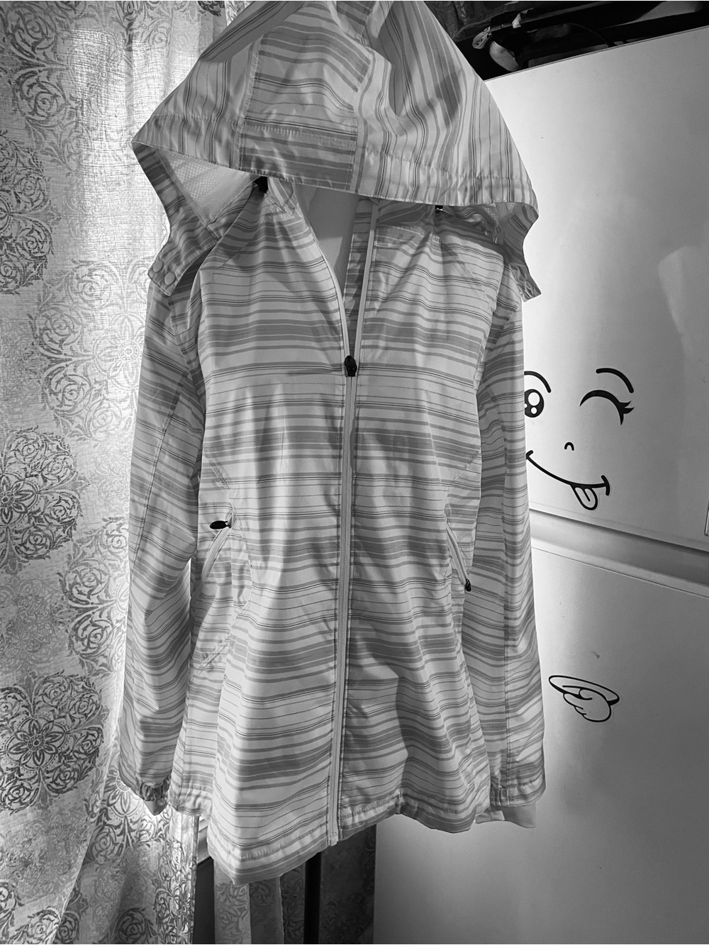 Asics Striped Hooded Trench Coat in White and Gray